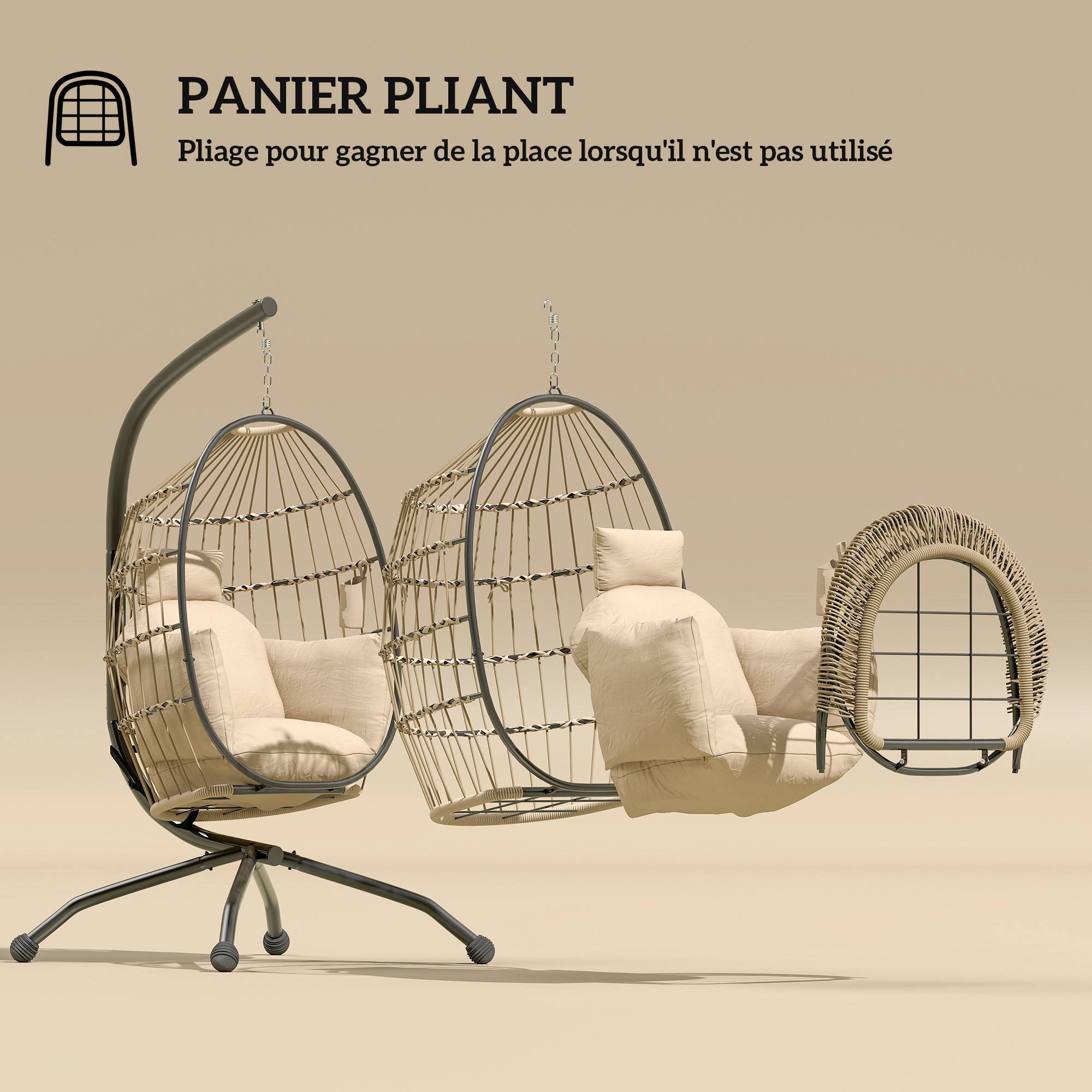 Fauteuil oeuf suspendu, intérieur et extérieur, panier pliable, coussin rembourré, cadre en acier, beige - Image 7