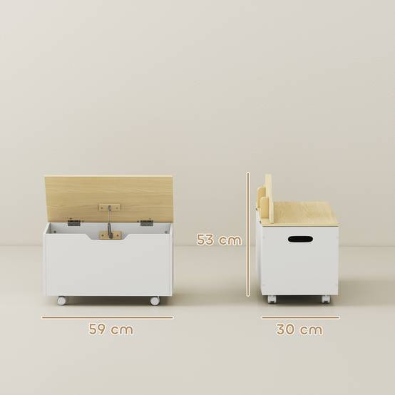 Coffre à jouets pour enfants à roulettes, couvercle à charnière avec loquet de sécurité, motif nuage, blanc et naturel - Image 5