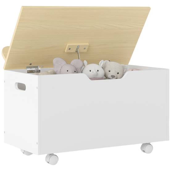 Coffre à jouets pour enfants à roulettes, couvercle à charnière avec loquet de sécurité, motif nuage, blanc et naturel - Image 1