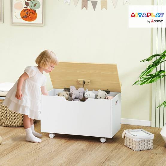 Coffre à jouets pour enfants à roulettes, couvercle à charnière avec loquet de sécurité, motif nuage, blanc et naturel - Image 3