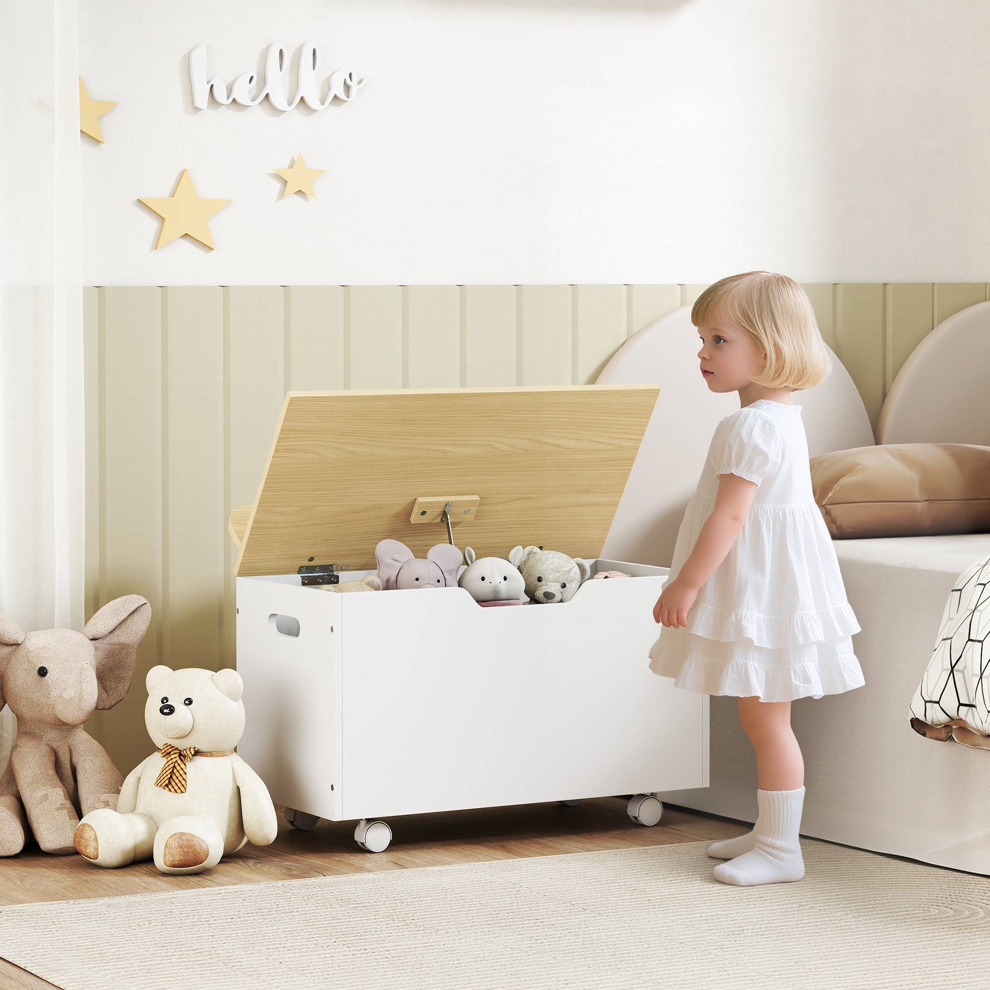 Coffre à jouets pour enfants à roulettes, couvercle à charnière avec loquet de sécurité, motif nuage, blanc et naturel - Image 4