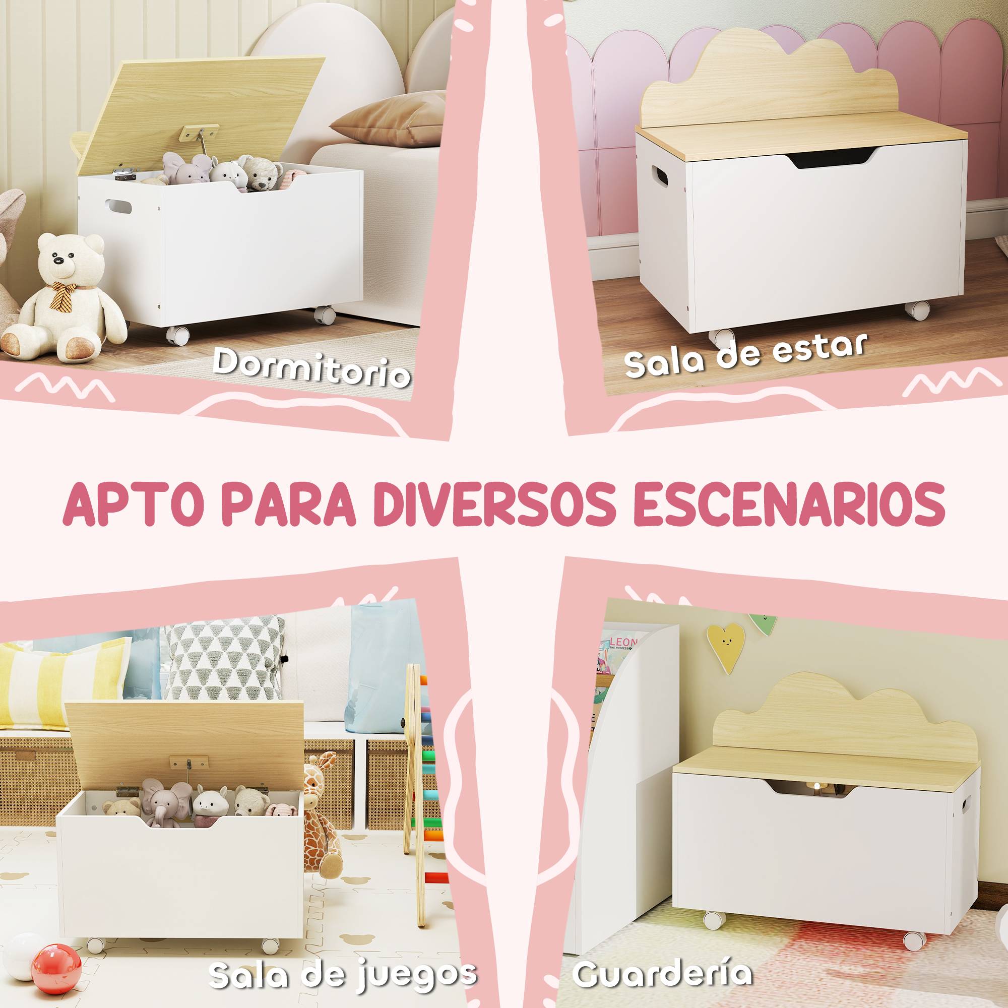 Coffre à jouets pour enfants à roulettes, couvercle à charnière avec loquet de sécurité, motif nuage, blanc et naturel - Image 9
