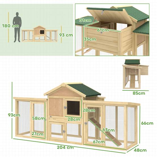 Grand poulailler extérieur en bois 204x85x93cm avec nichoir, bac amovible et perchoir naturel - Image 5