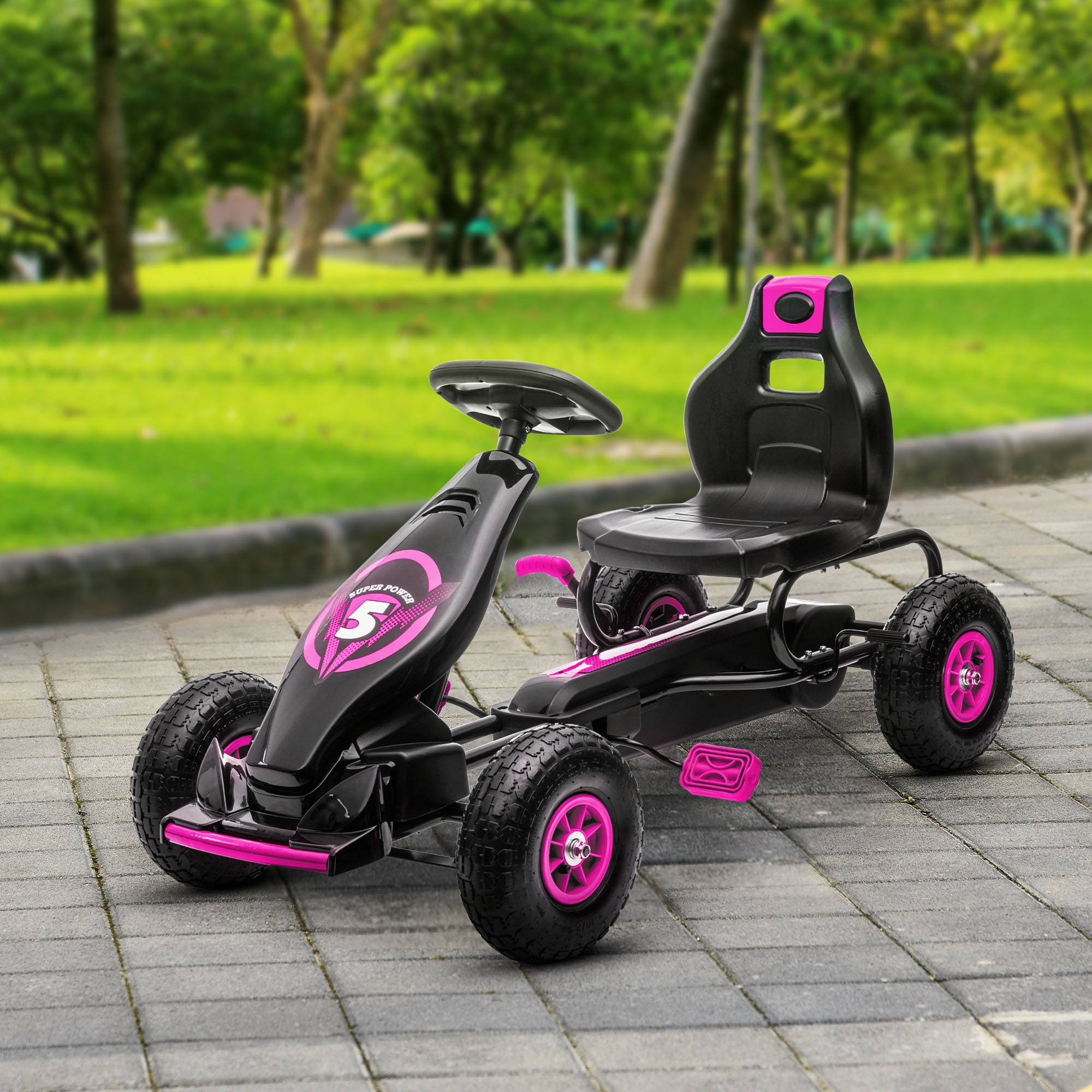 Kart à pédales pour enfant siège réglable 3 positions frein à main enfant de 5 à 12 ans rose noir - Image 4