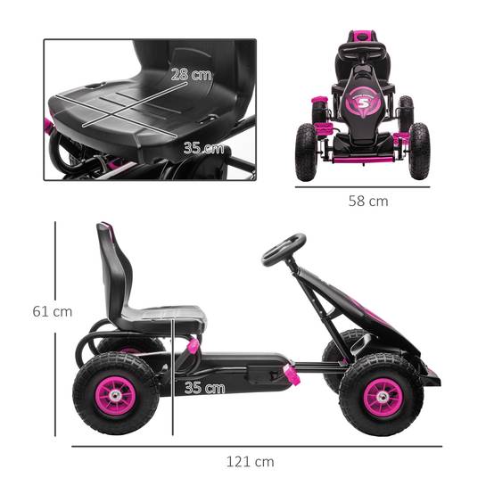 Kart à pédales pour enfant siège réglable 3 positions frein à main enfant de 5 à 12 ans rose noir - Image 5
