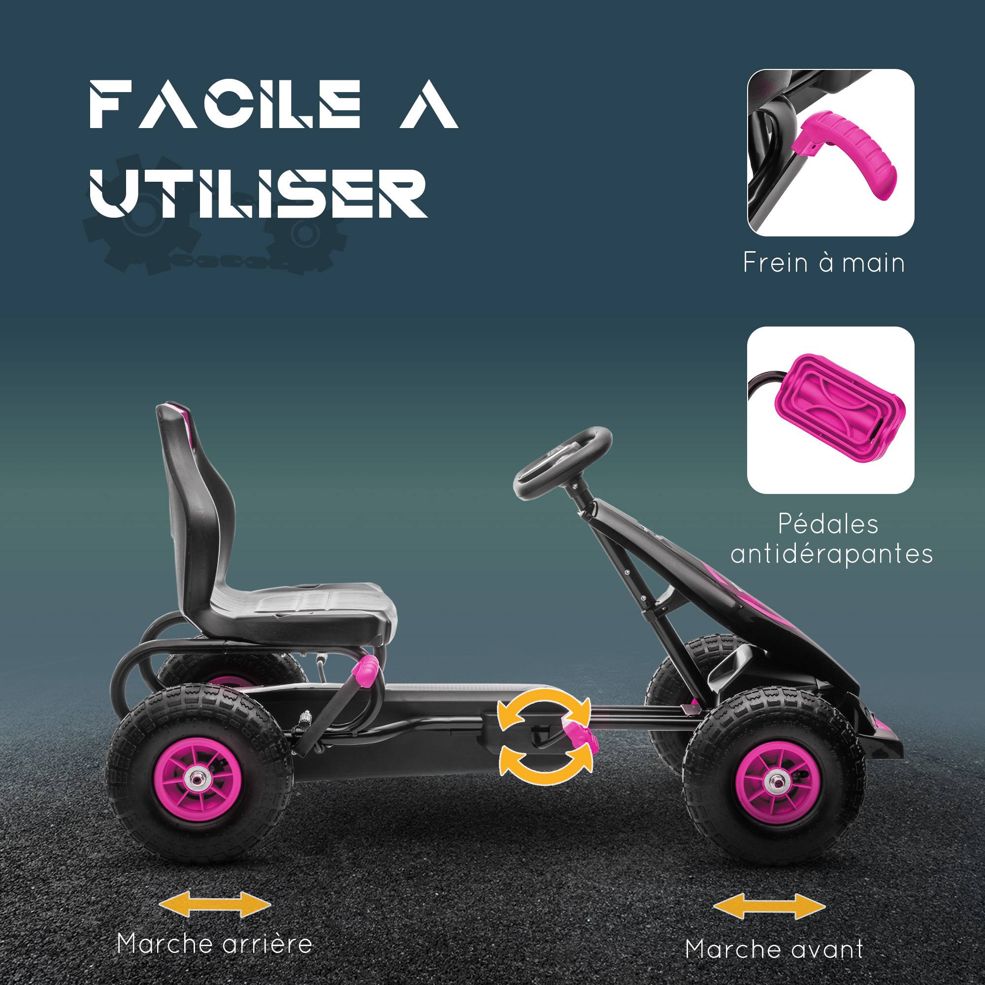 Kart à pédales pour enfant siège réglable 3 positions frein à main enfant de 5 à 12 ans rose noir - Image 7