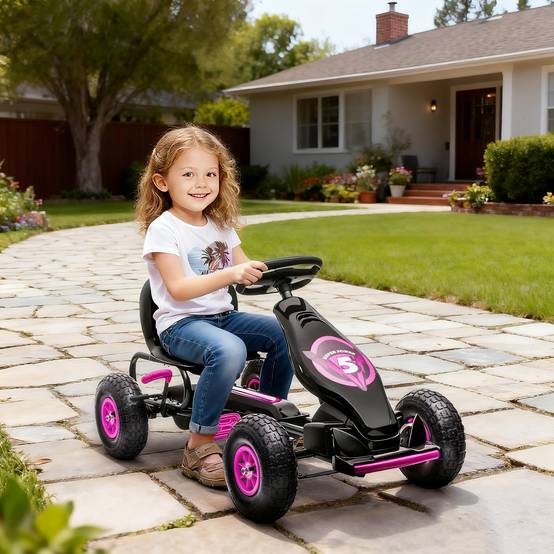 Kart à pédales pour enfant siège réglable 3 positions frein à main enfant de 5 à 12 ans rose noir - Image 3