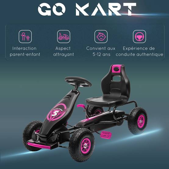Kart à pédales pour enfant siège réglable 3 positions frein à main enfant de 5 à 12 ans rose noir - Image 10