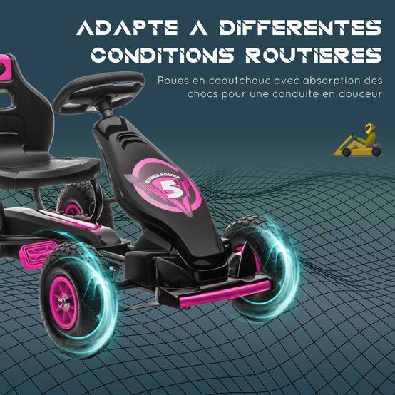 Kart à pédales pour enfant siège réglable 3 positions frein à main enfant de 5 à 12 ans rose noir - Image 8