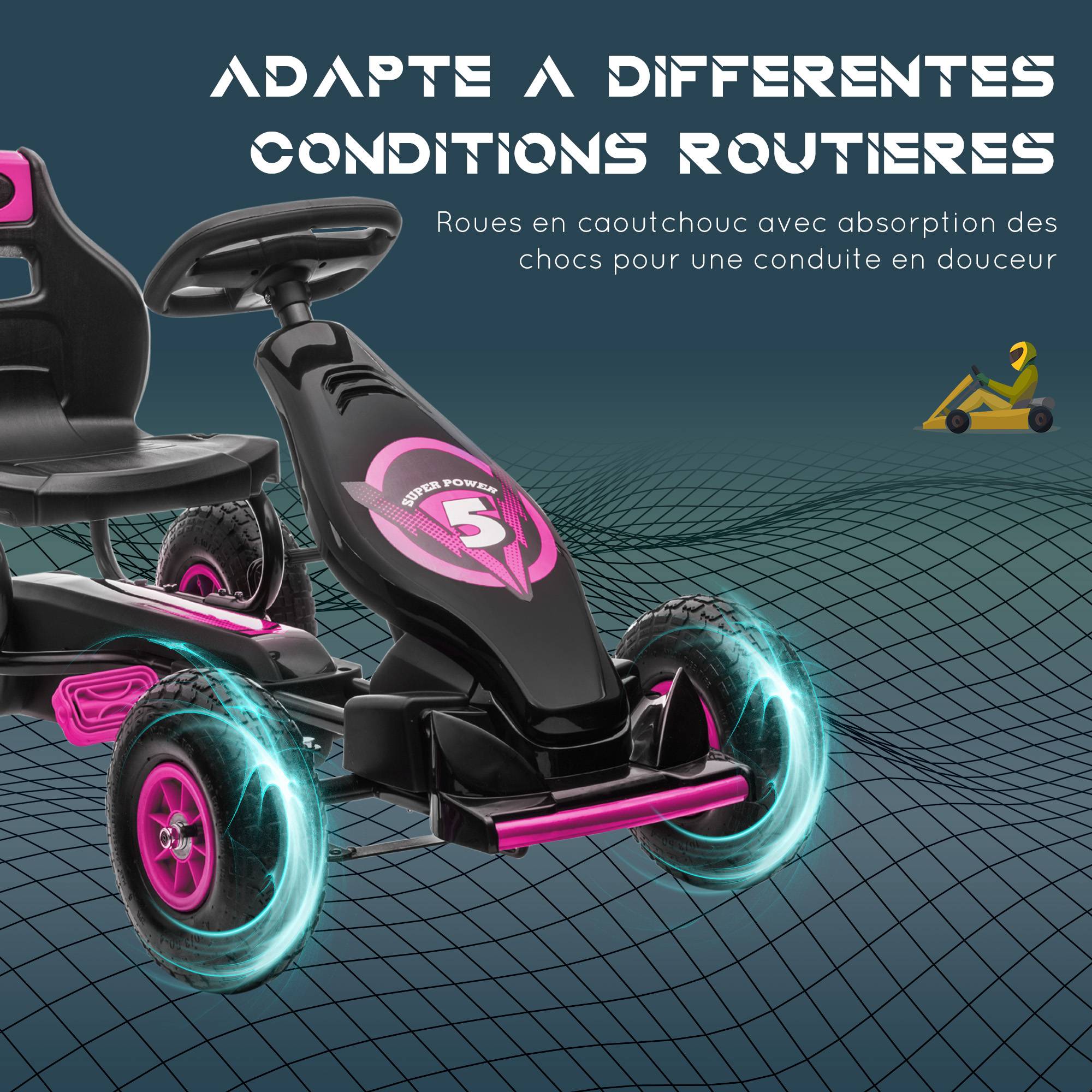 Kart à pédales pour enfant siège réglable 3 positions frein à main enfant de 5 à 12 ans rose noir - Image 8