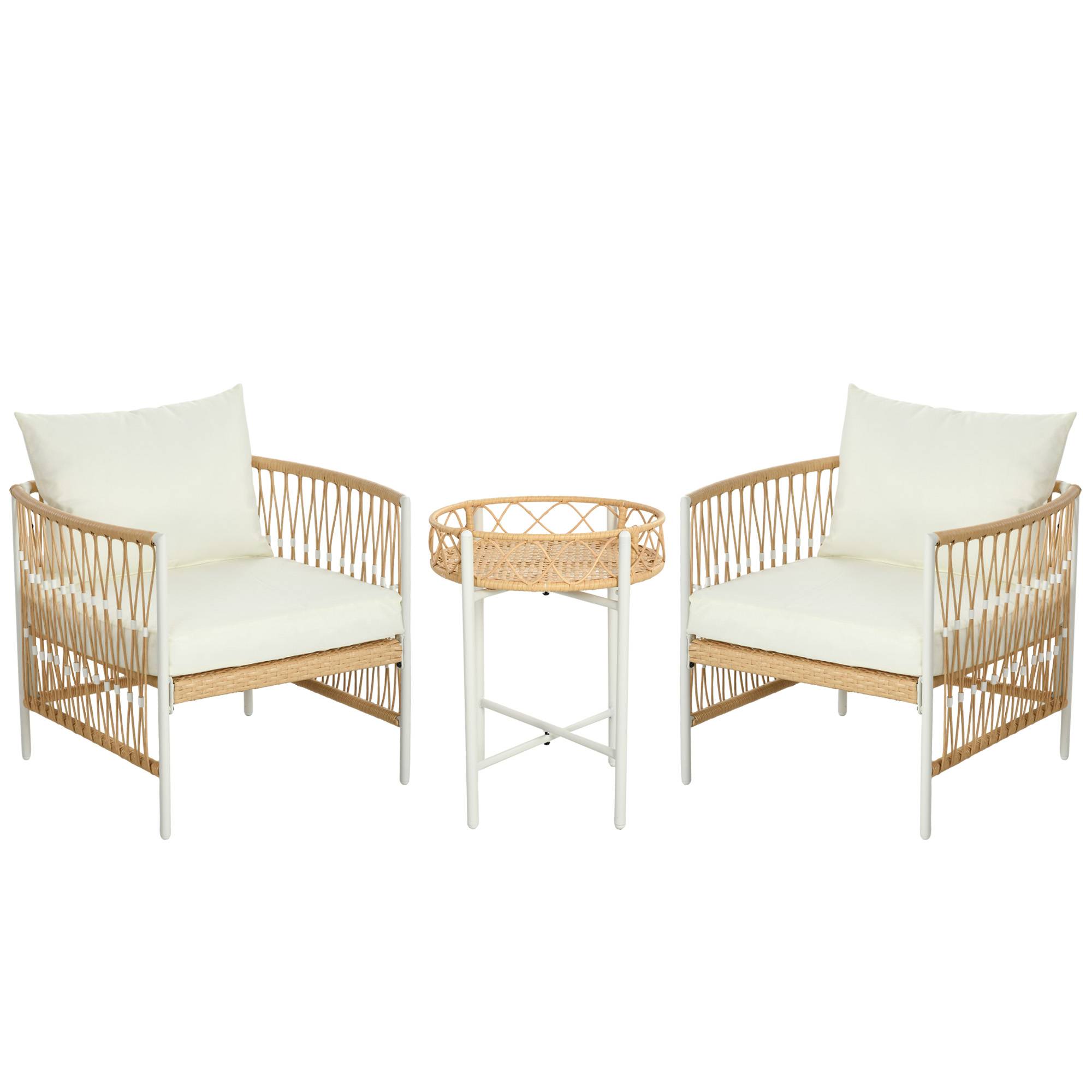 ComfortXL - Salon de jardin 3 pièces résine tressée jaune crème fauteuils table ronde pour balcon terrasse extérieur - Image 10