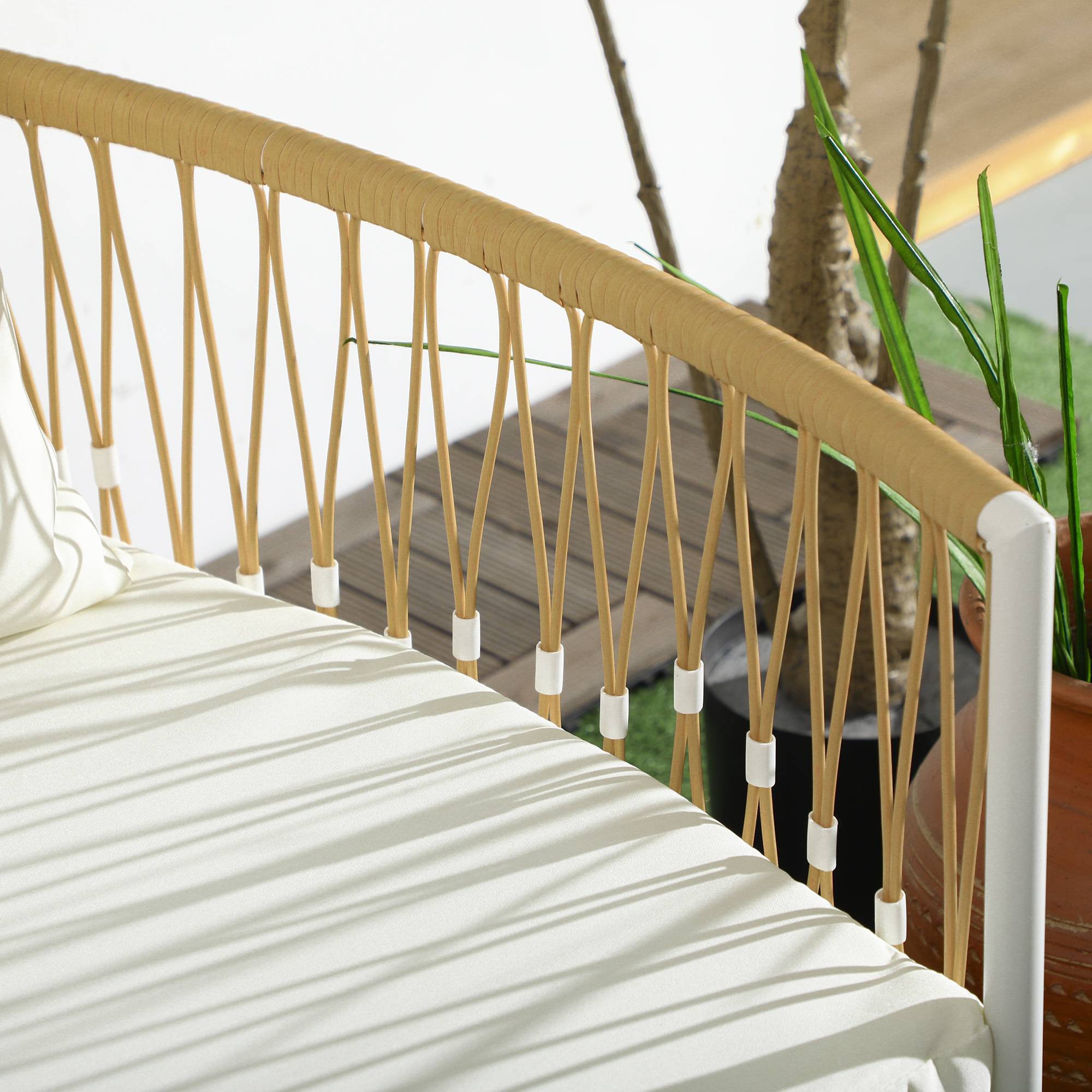 ComfortXL - Salon de jardin 3 pièces résine tressée jaune crème fauteuils table ronde pour balcon terrasse extérieur - Image 7