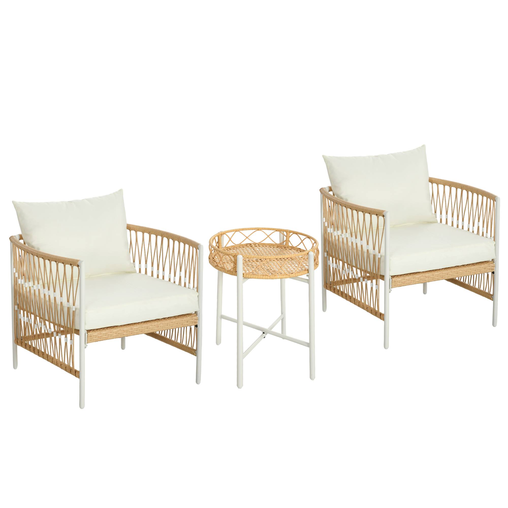 ComfortXL - Salon de jardin 3 pièces résine tressée jaune crème fauteuils table ronde pour balcon terrasse extérieur - Image 2