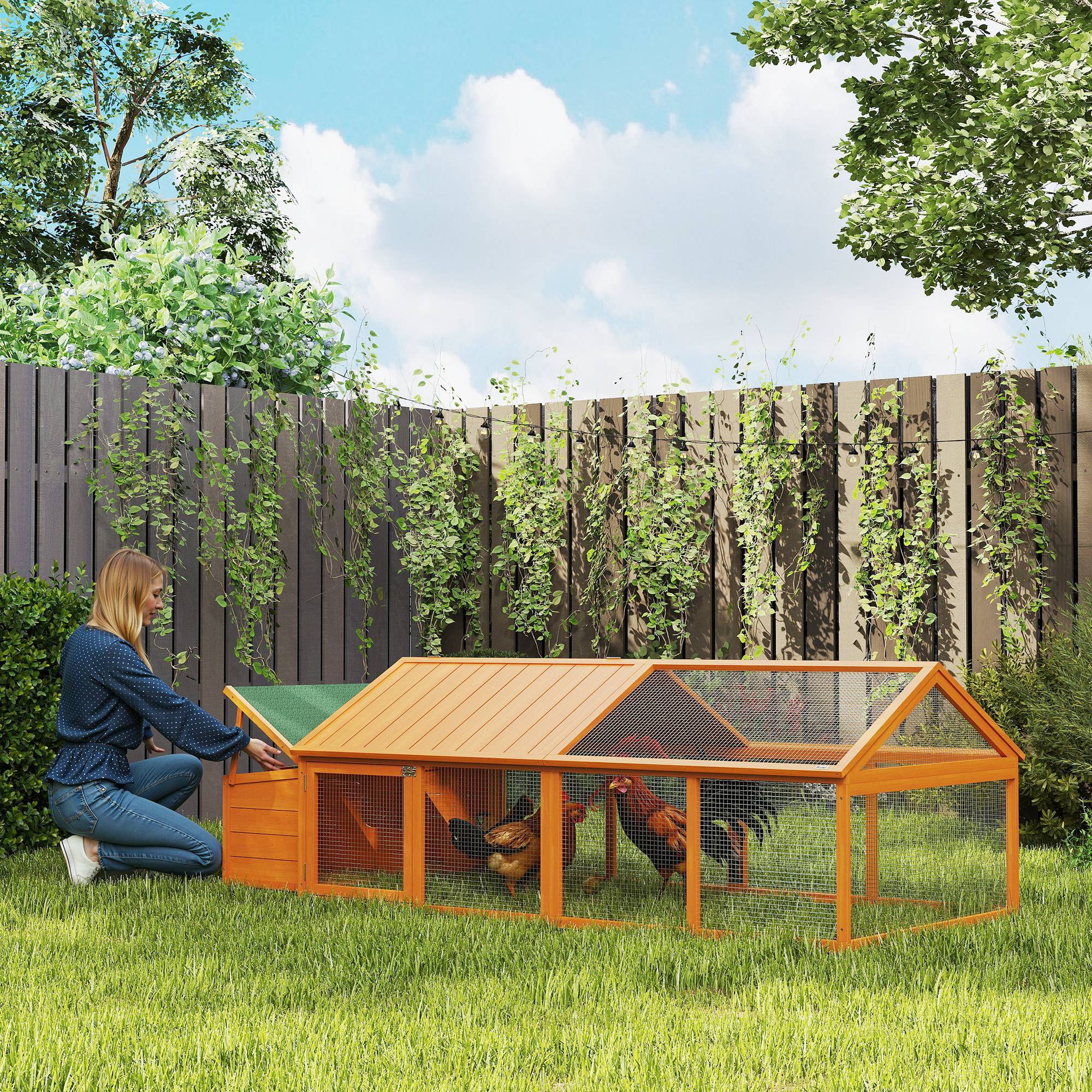 Poulailler de jardin pour 4-8 poules en bois, maille métallique et toit ouvrant, 240x112,5x76 cm, orange - Image 3