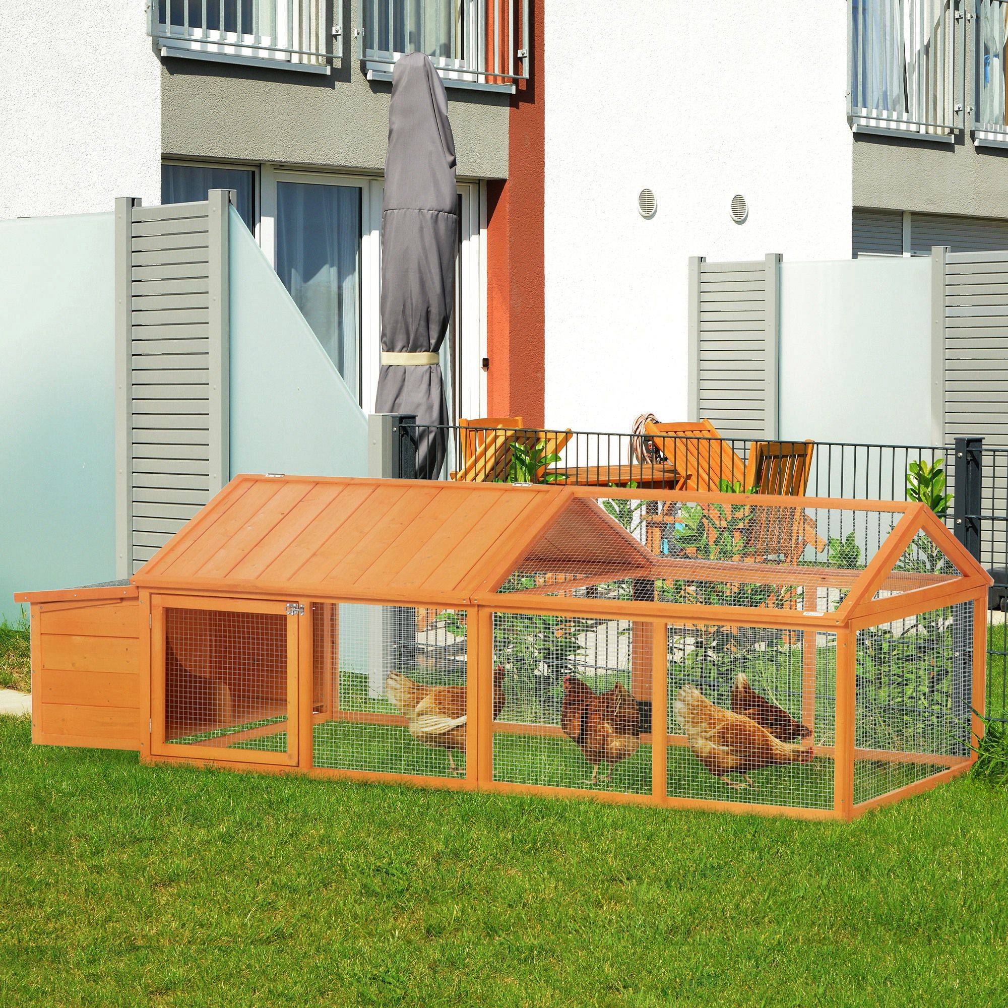 Poulailler de jardin pour 4-8 poules en bois, maille métallique et toit ouvrant, 240x112,5x76 cm, orange - Image 4