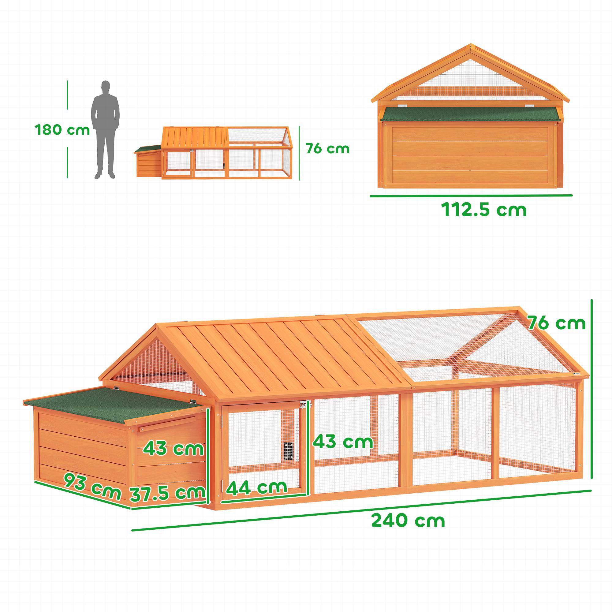 Poulailler de jardin pour 4-8 poules en bois, maille métallique et toit ouvrant, 240x112,5x76 cm, orange - Image 5