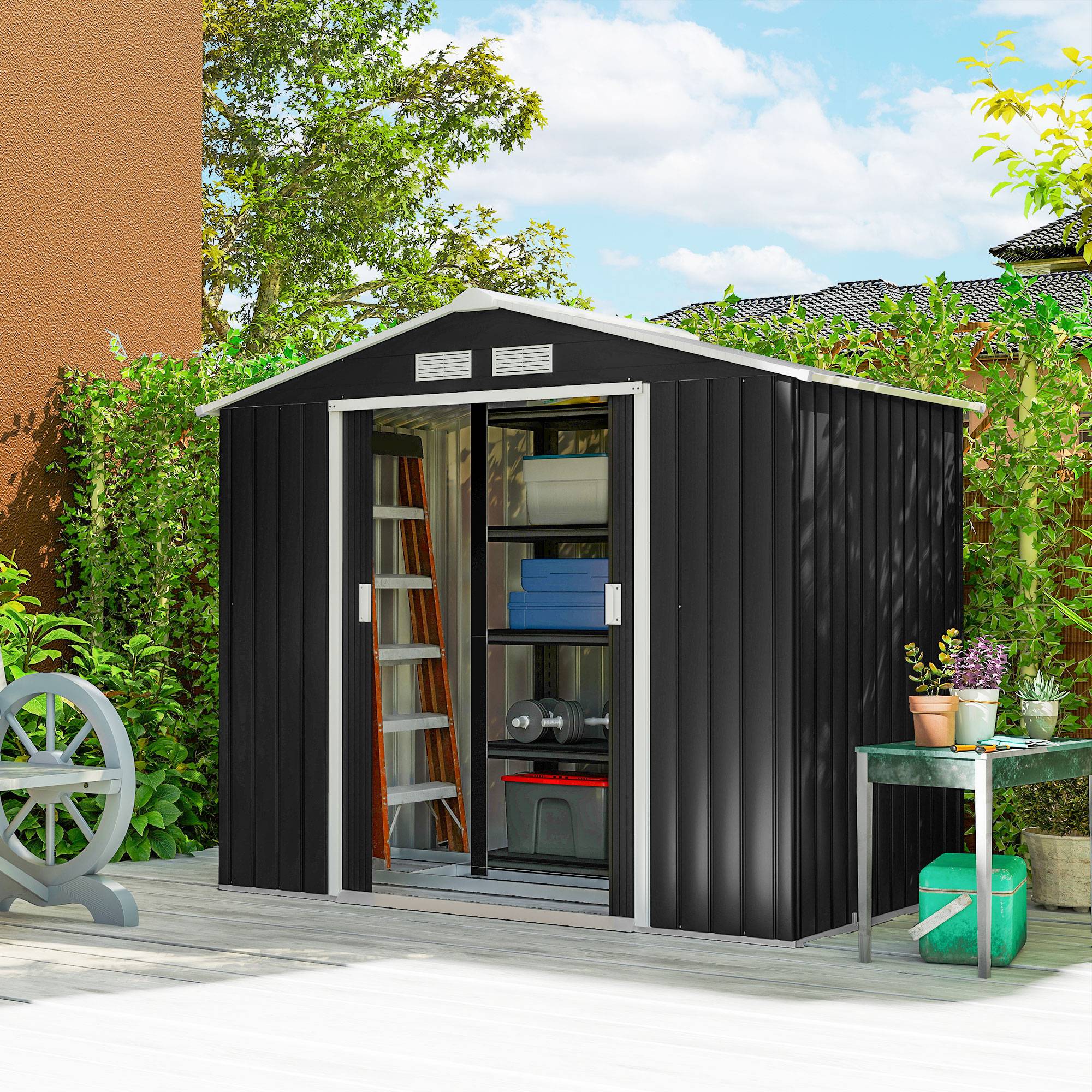 Abri de jardin 213 x 130 x 185 cm, abri extérieur en métal pour le rangement des outils, gris foncé - Image 10