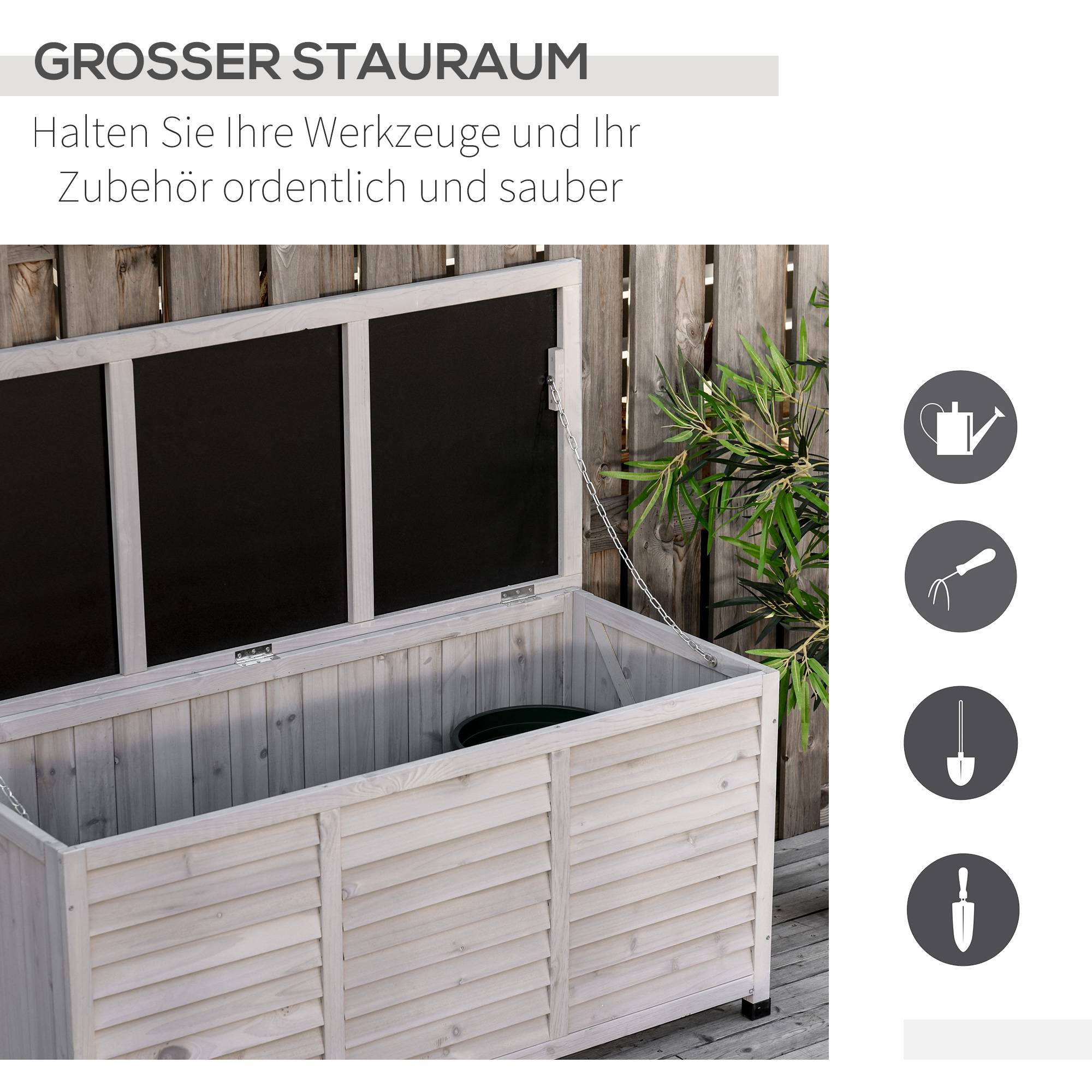 Coffre Rangement Jardin Bois Sapin Banc Assise Extérieur Étanche 127cm Gris - ComfortXL Outdoor Living - Image 5
