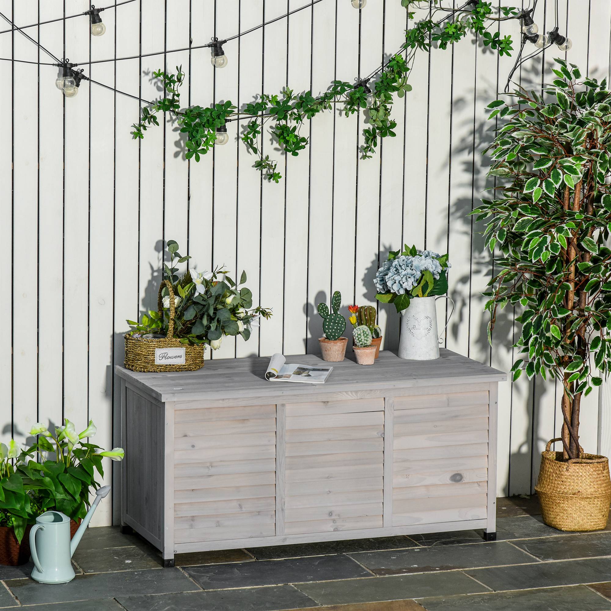 Coffre Rangement Jardin Bois Sapin Banc Assise Extérieur Étanche 127cm Gris - ComfortXL Outdoor Living - Image 1