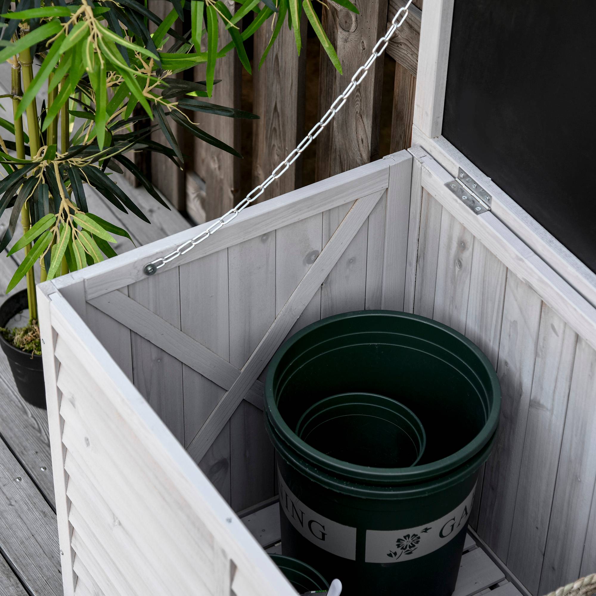 Coffre Rangement Jardin Bois Sapin Banc Assise Extérieur Étanche 127cm Gris - ComfortXL Outdoor Living - Image 8