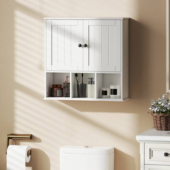 Sans Marque - Armoire murale salle bain rangement 2 portes étagère réglable compartiments ouverts blanc - Image 3
