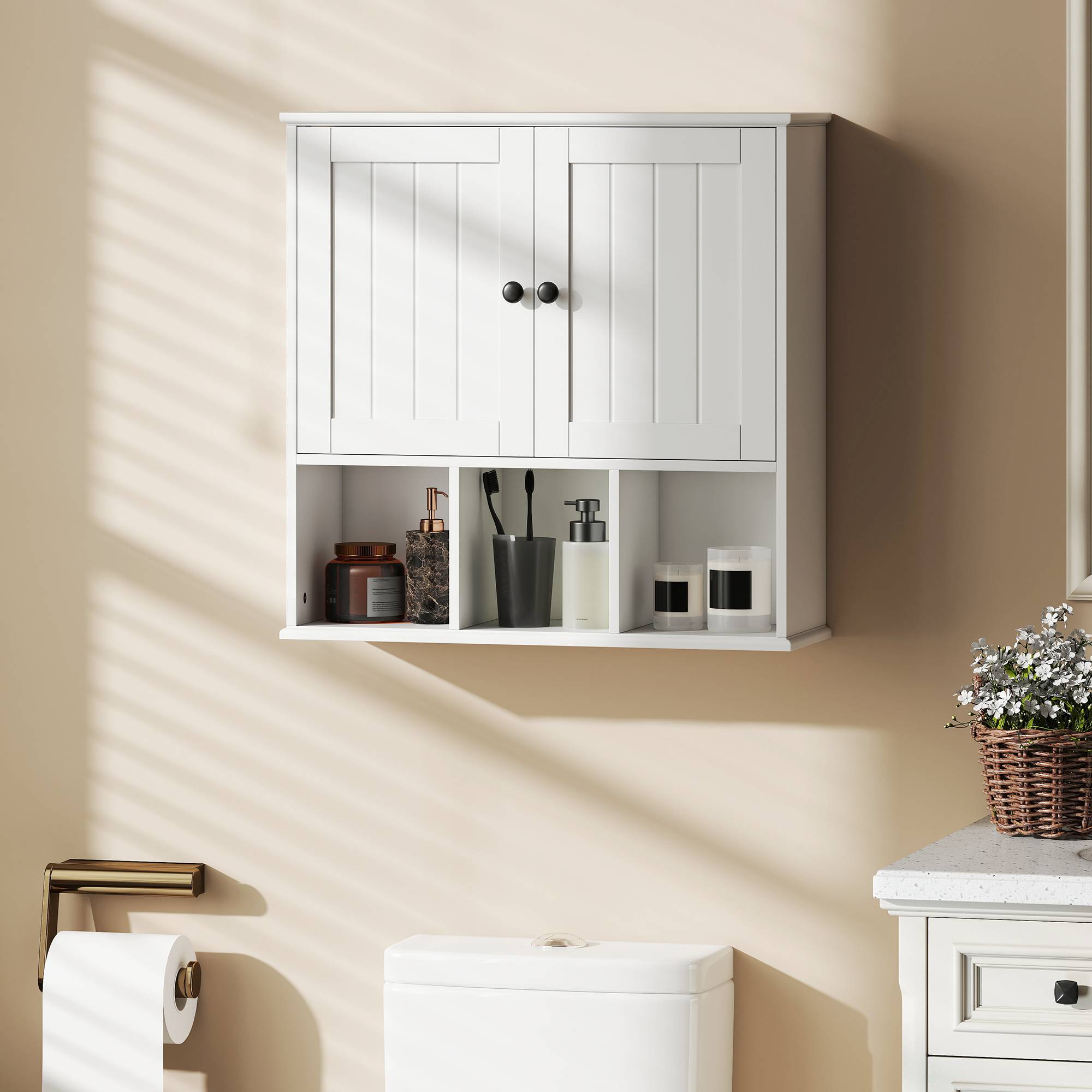 Sans Marque - Armoire murale salle bain rangement 2 portes étagère réglable compartiments ouverts blanc - Image 3