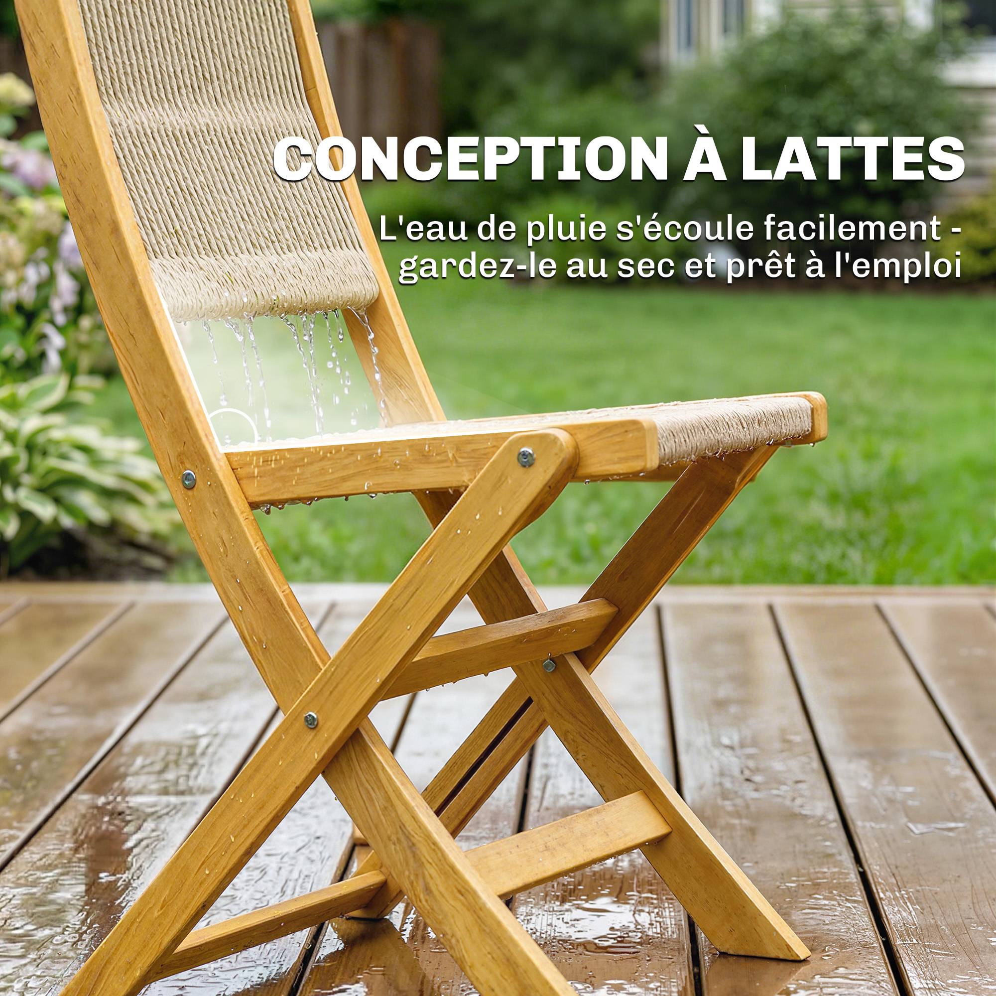Salon de Jardin Ensemble Bistro 3 Pièces Table Ronde et 2 Chaises Pliables Design Boho Bois d'Acacia Cordage PP Naturel - Image 10