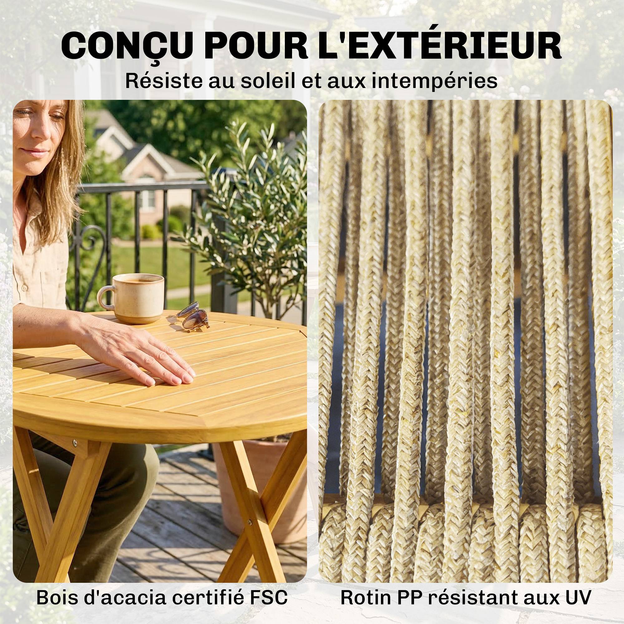 Salon de Jardin Ensemble Bistro 3 Pièces Table Ronde et 2 Chaises Pliables Design Boho Bois d'Acacia Cordage PP Naturel - Image 8