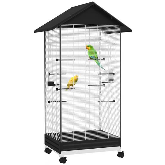 Grande Cage à Oiseaux sur Roulettes en Acier pour Pinsons et Canaris Volière Mobile 79x155 cm Noir - ComfortXL Outdoor Living - Image 1