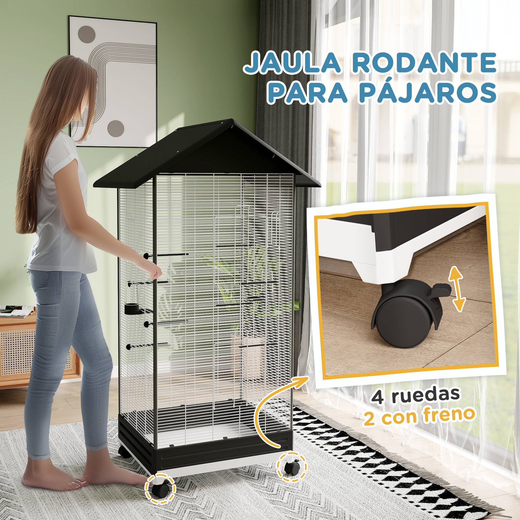 Grande Cage à Oiseaux sur Roulettes en Acier pour Pinsons et Canaris Volière Mobile 79x155 cm Noir - ComfortXL Outdoor Living - Image 9