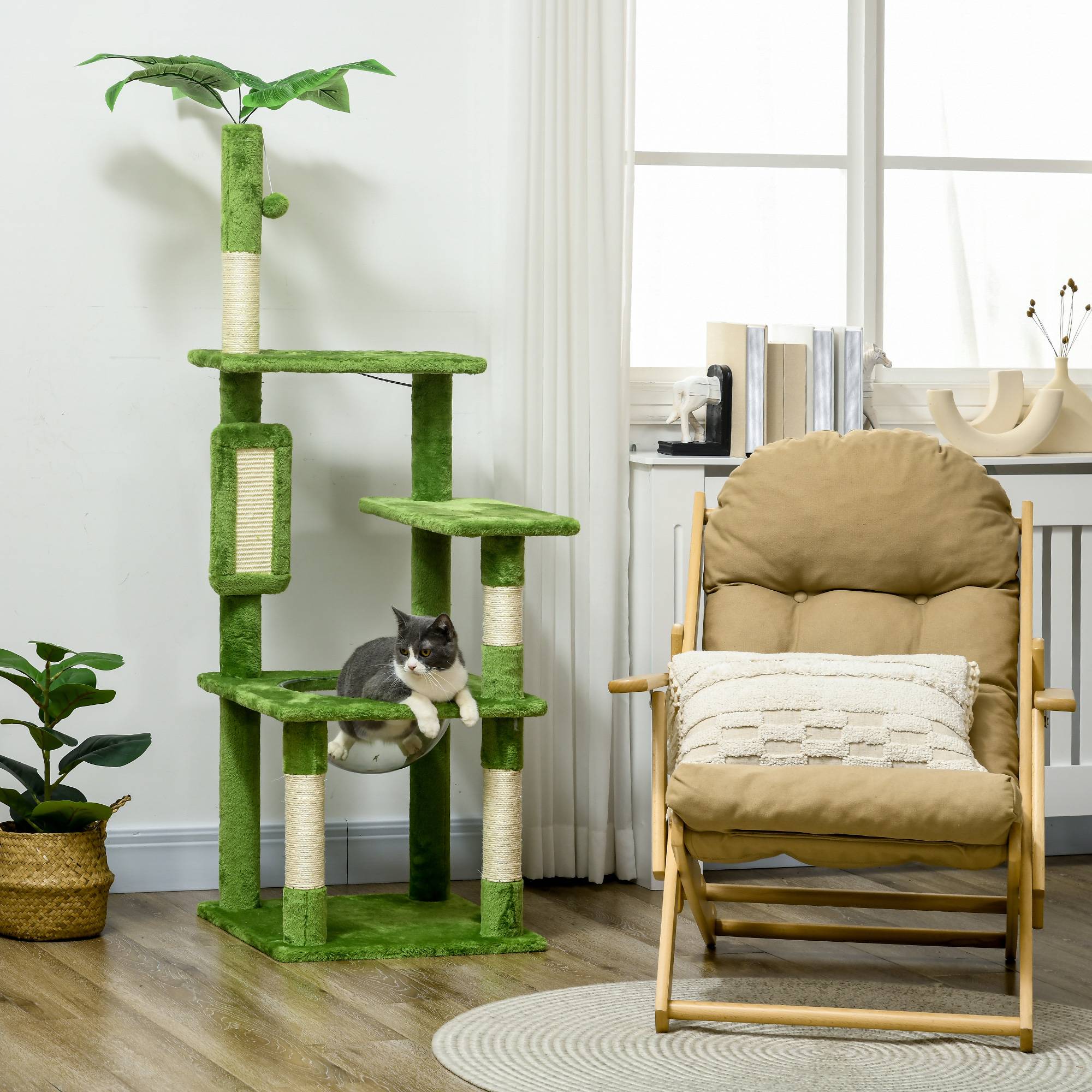 Arbre à chat multiniveaux bois peluche avec hamac grattoir sisal 49x49x142cm vert - ComfortXL Outdoor Living - Image 4