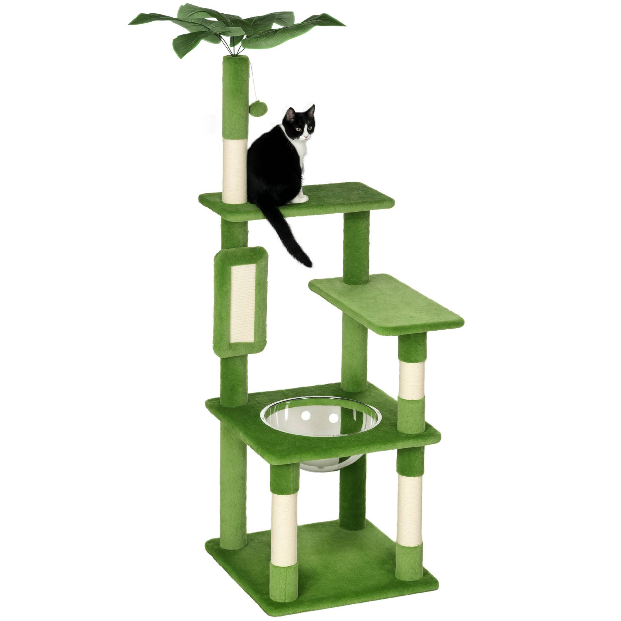 Arbre à chat multiniveaux bois peluche avec hamac grattoir sisal 49x49x142cm vert - ComfortXL Outdoor Living - Image 1