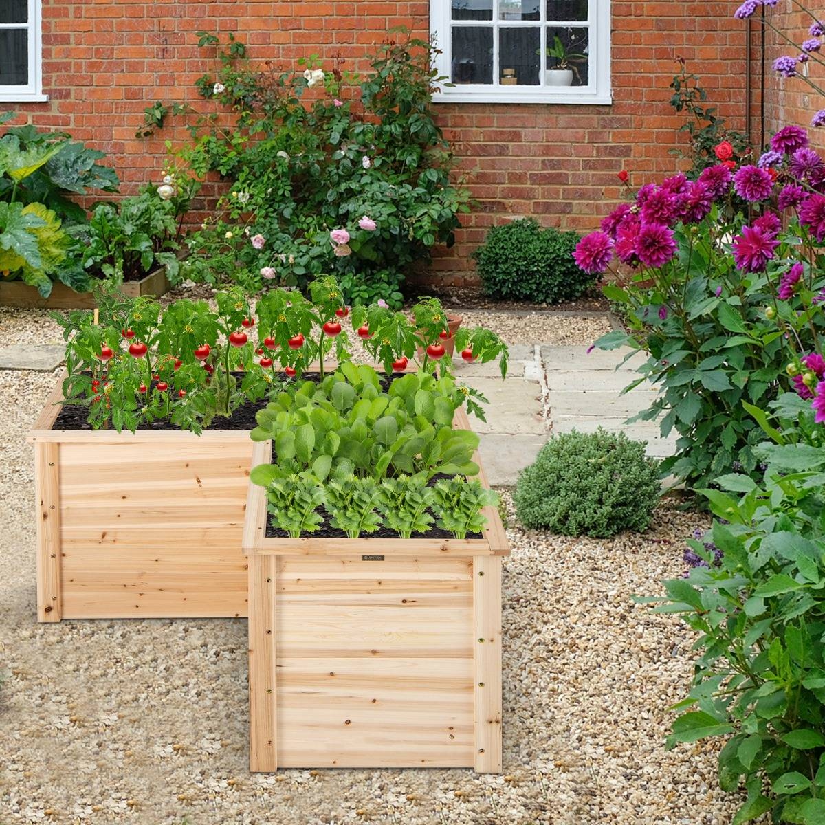 Carré Potager Jardinière en Bois de Sapin 120x120x63 CM Bac à Fleurs avec Base Ouverte en L pour Légumes Fruits et Herbes - Image 5