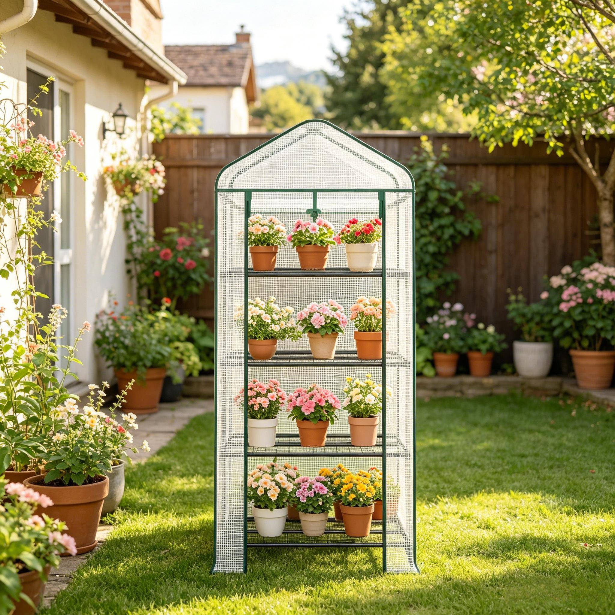 Serre balcon acier PE pour tomates à roulettes avec 4 étagères 70x50x163cm blanc - ComfortXL Outdoor Living - Image 7