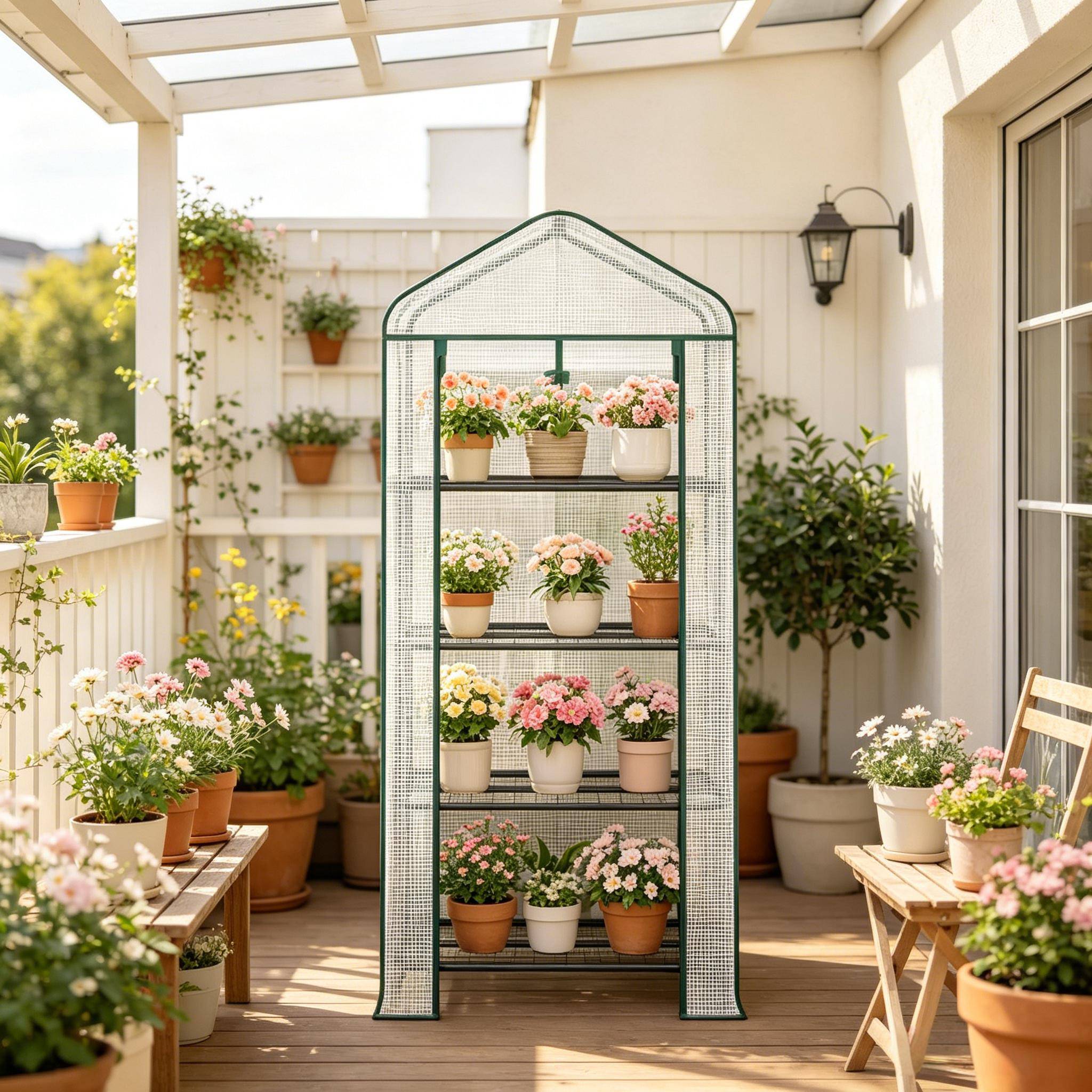 Serre balcon acier PE pour tomates à roulettes avec 4 étagères 70x50x163cm blanc - ComfortXL Outdoor Living - Image 1