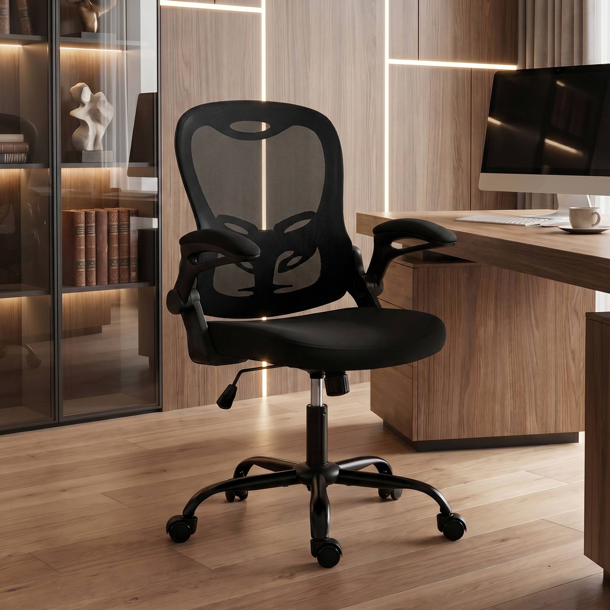 Sans Marque - Chaise Bureau Ergonomique, Fauteuil de Bureau Maille, Accoudoirs Relevables, Hauteur Réglable, Fonction Bascule, Noir - Image 10