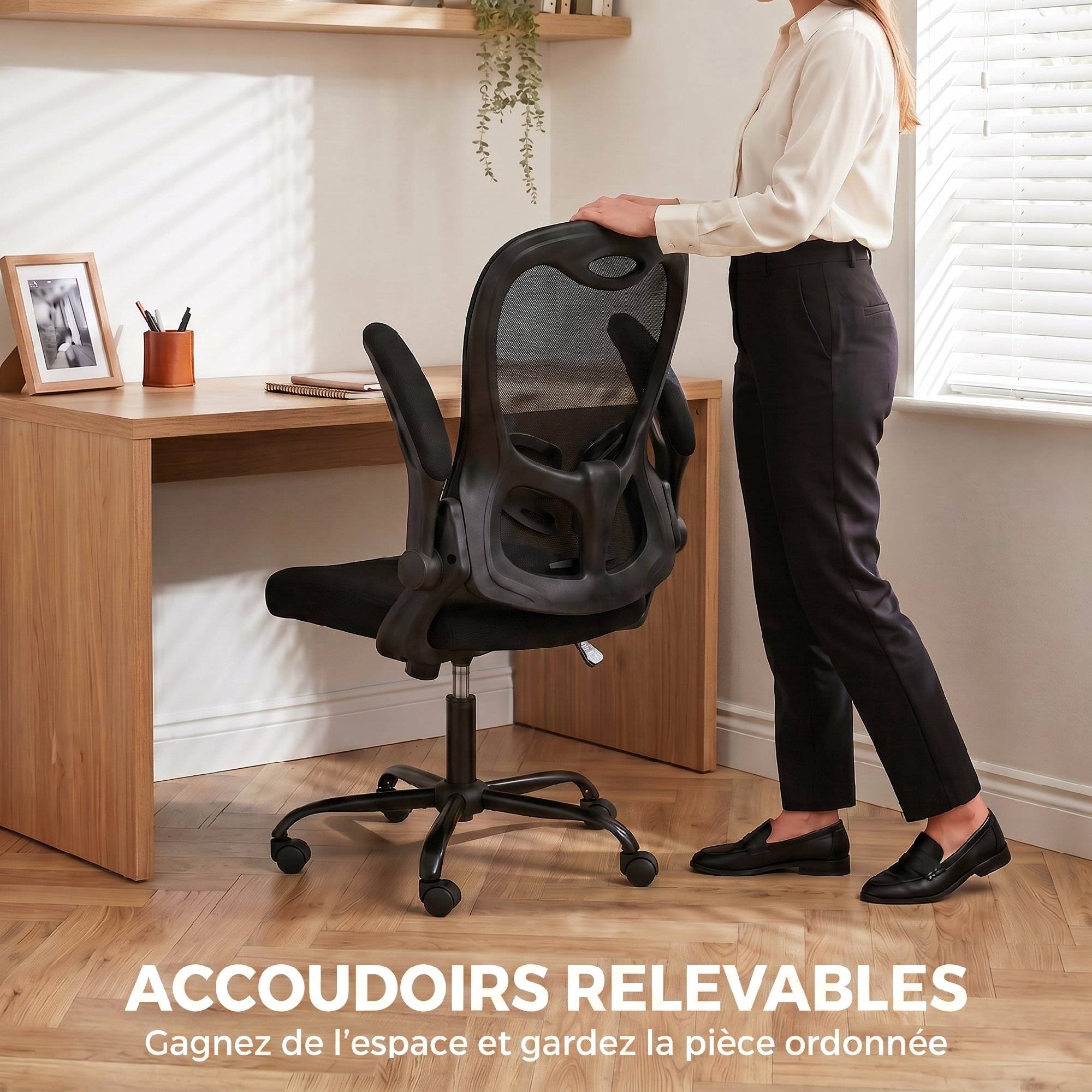 Sans Marque - Chaise Bureau Ergonomique, Fauteuil de Bureau Maille, Accoudoirs Relevables, Hauteur Réglable, Fonction Bascule, Noir - Image 6
