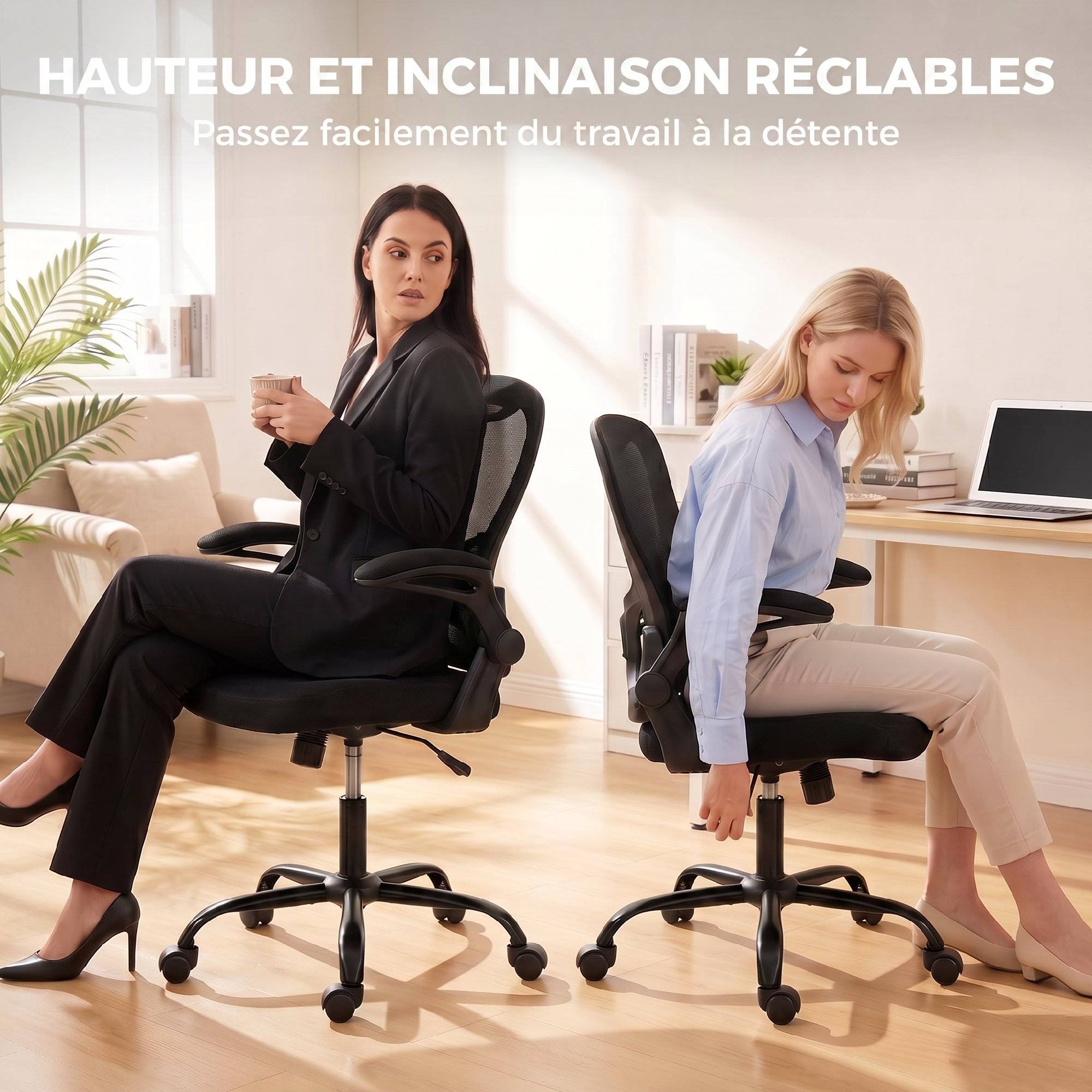 Sans Marque - Chaise Bureau Ergonomique, Fauteuil de Bureau Maille, Accoudoirs Relevables, Hauteur Réglable, Fonction Bascule, Noir - Image 7