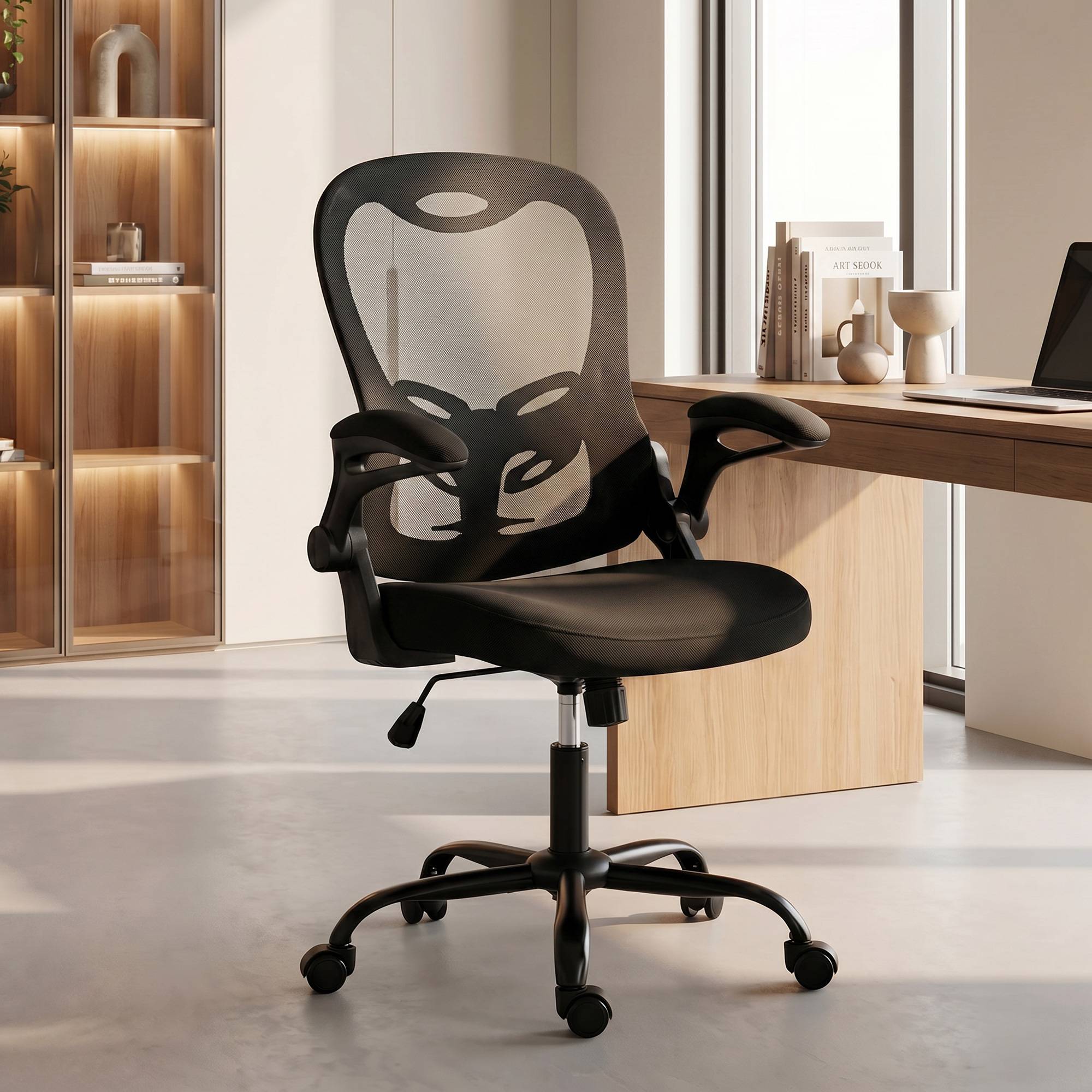 Sans Marque - Chaise Bureau Ergonomique, Fauteuil de Bureau Maille, Accoudoirs Relevables, Hauteur Réglable, Fonction Bascule, Noir - Image 4