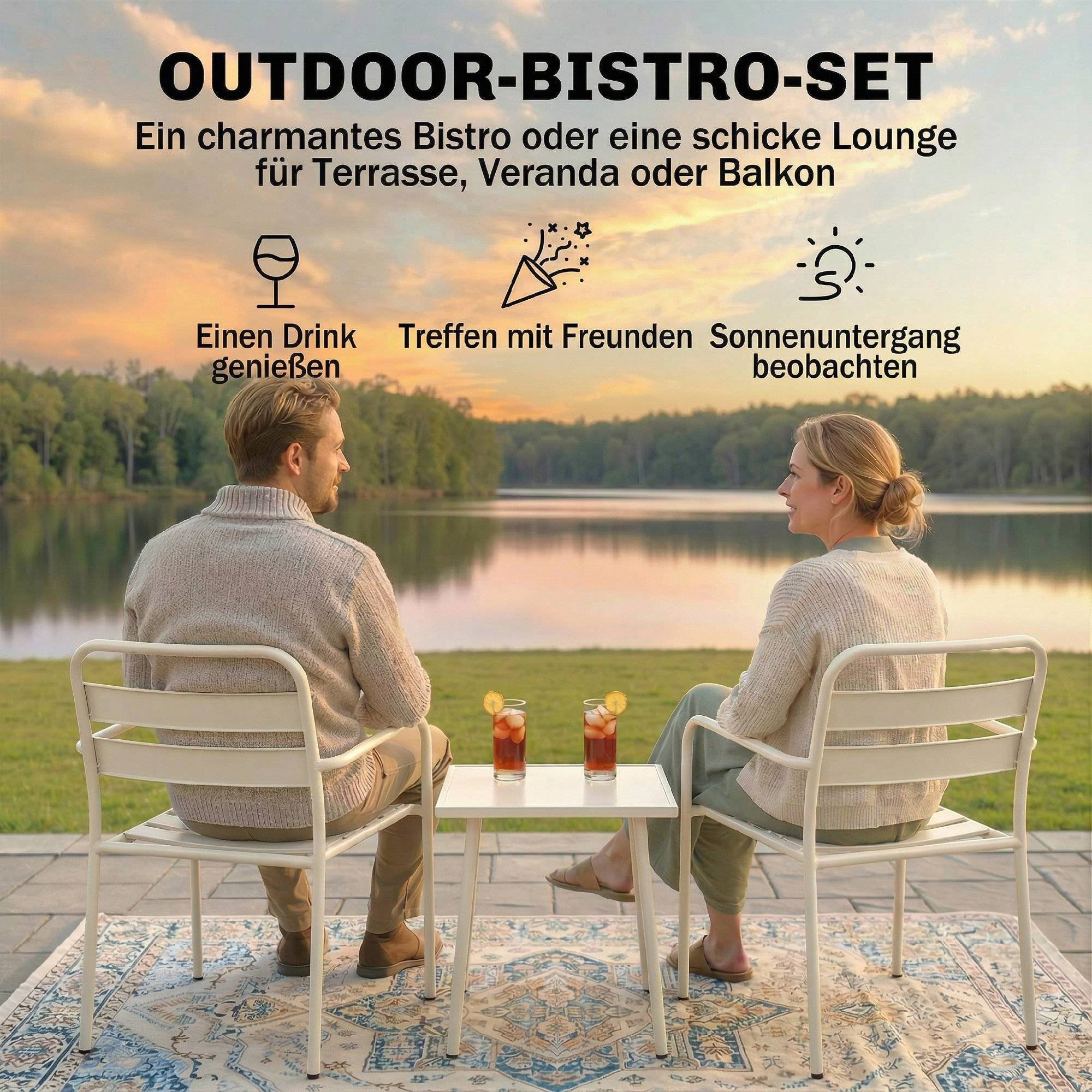 Ensemble bistrot 3 pièces en métal avec 2 chaises et table en verre, design à lattes résistant à la rouille - Image 4