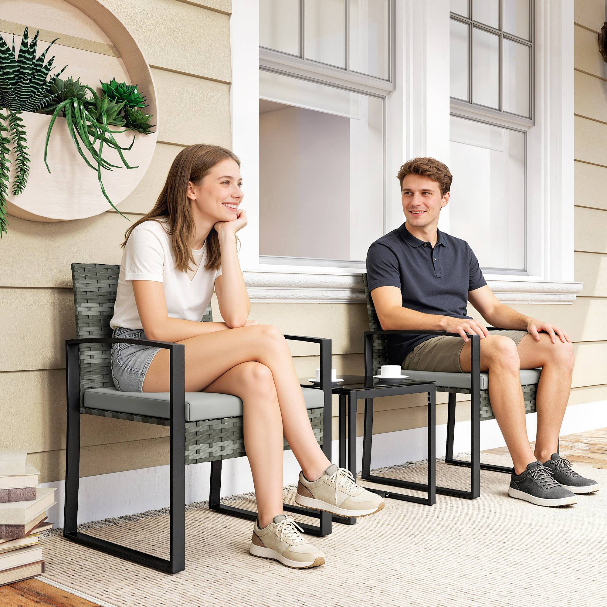 Ensemble bistro rotin 3 pièces : 2 fauteuils de jardin + table basse, coussins amovibles, gris clair - Image 9