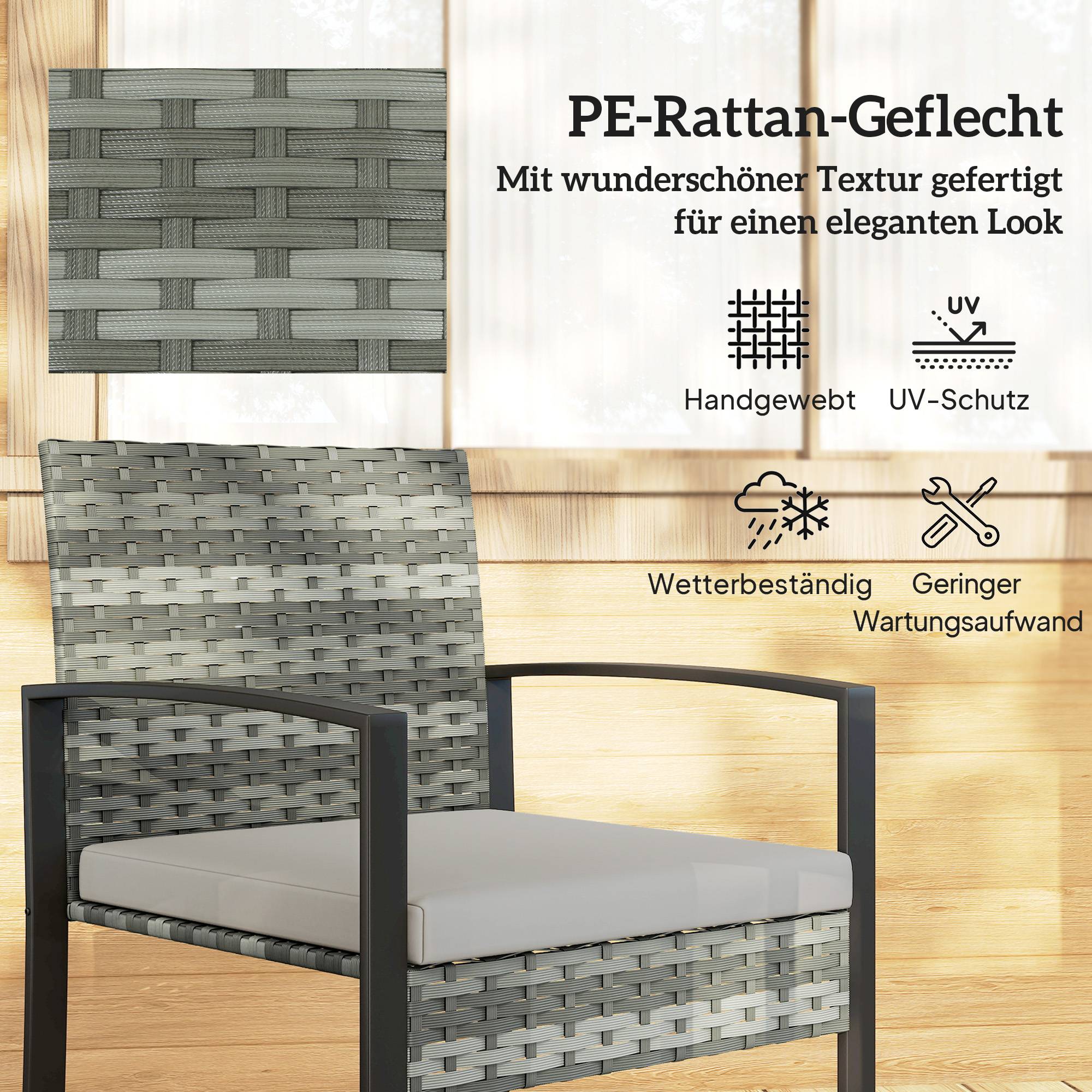 Ensemble bistro rotin 3 pièces : 2 fauteuils de jardin + table basse, coussins amovibles, gris clair - Image 5