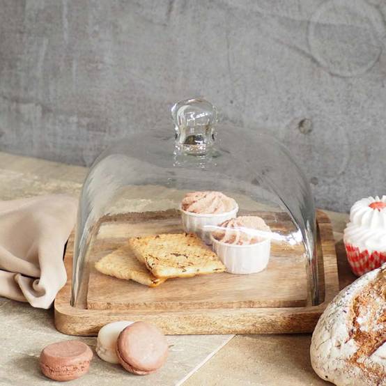 Cloche sur plateau bois verre 17x23x23cm - Image 1