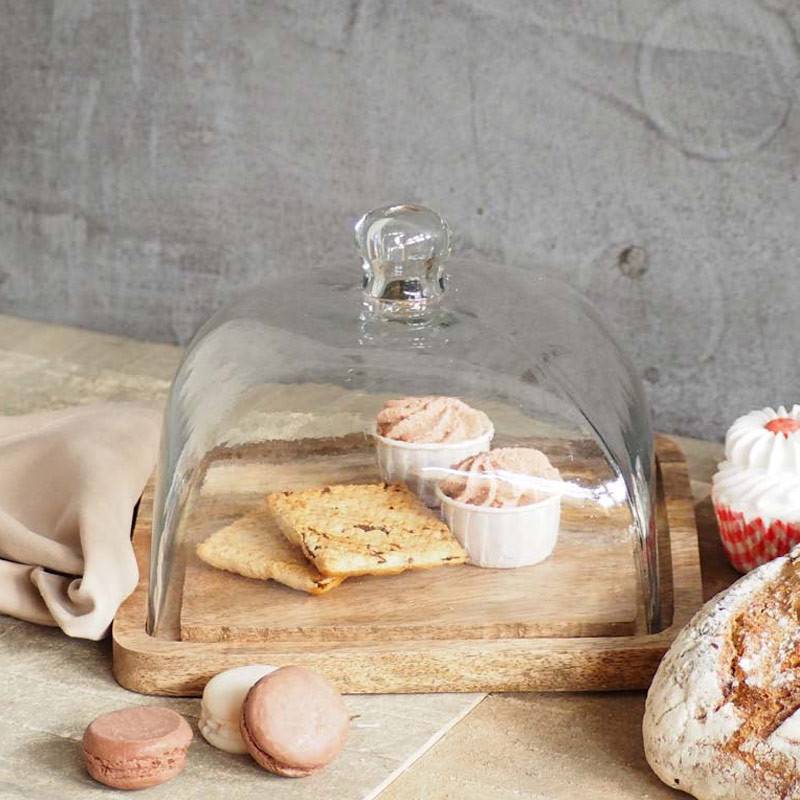 Cloche sur plateau bois verre 17x23x23cm - Image 1
