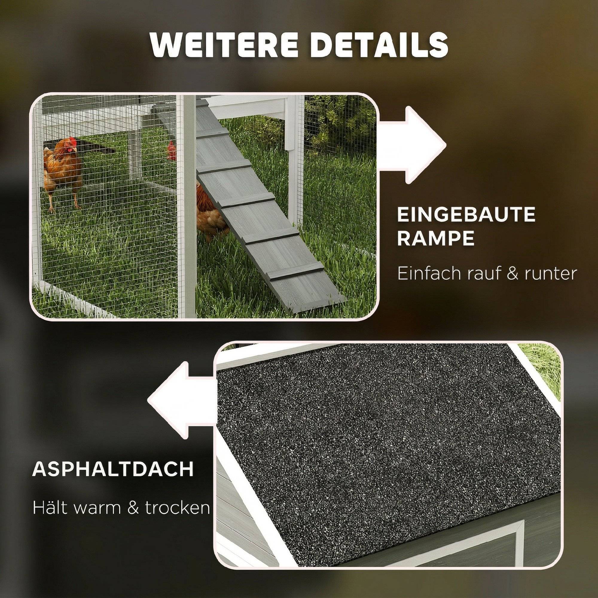 Poulailler en bois avec enclos extérieur, pondoir, toit amovible en asphalte, plateau pour 4 à 6 poules, 347 x 160 x 150 cm, gris foncé - Image 10