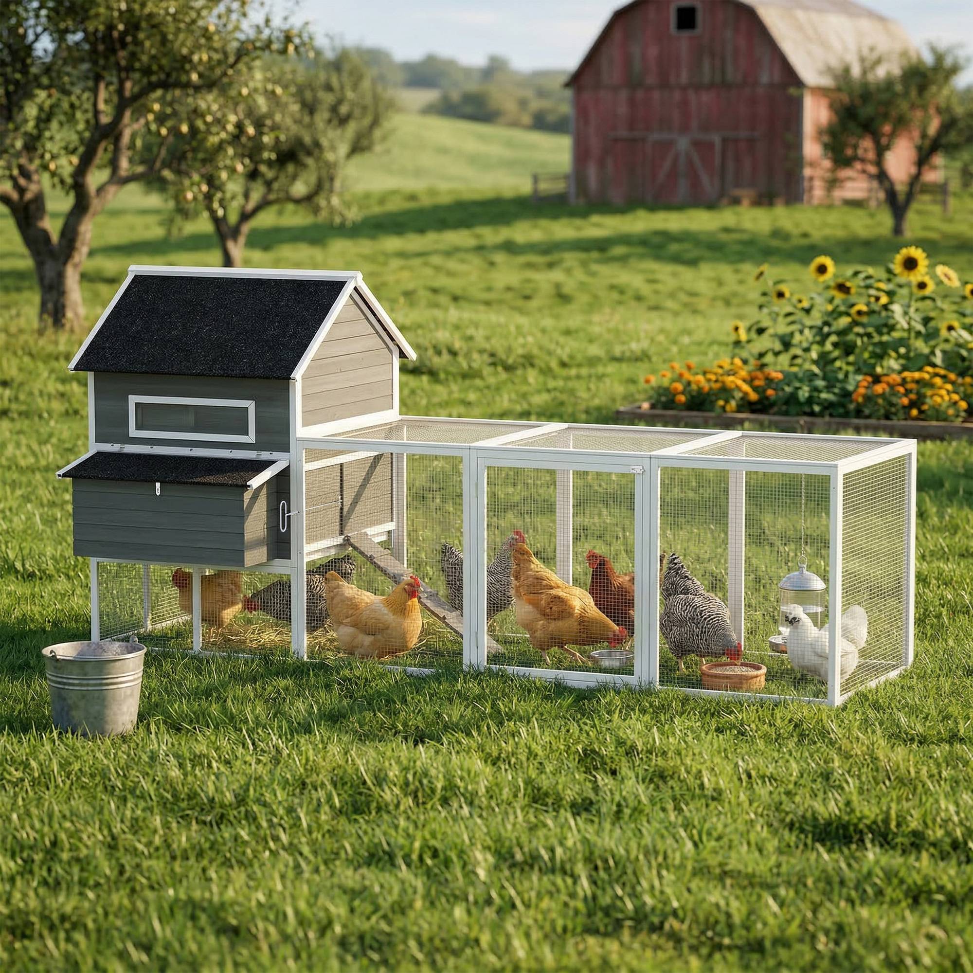Poulailler en bois avec enclos extérieur, pondoir, toit amovible en asphalte, plateau pour 4 à 6 poules, 347 x 160 x 150 cm, gris foncé - Image 3