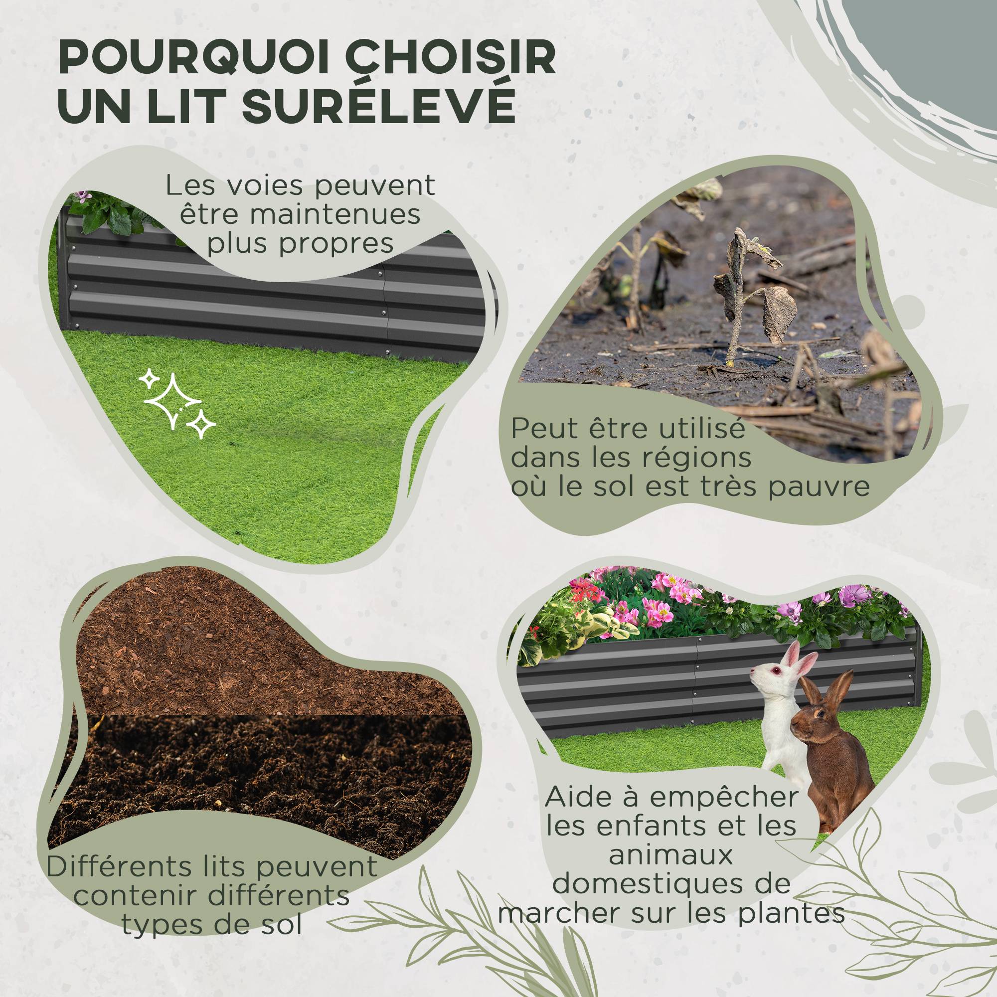 Carré potager jardinière rectangulaire en métal avec tuteurs pour tomates et plantes grimpantes 180 x 90 x 29,5 cm - Image 9