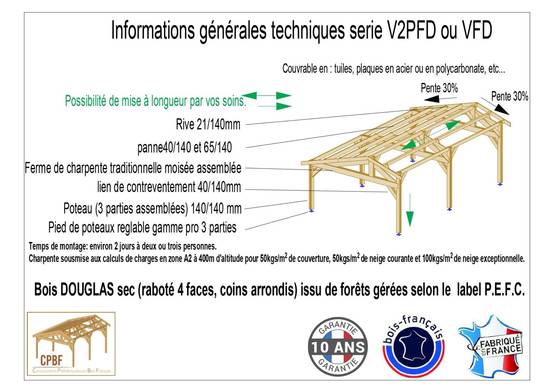 Cpbf Charpentes - Carport deux pentes faitage décalé, 600cm x 500cm, bois DOUGLAS Français (Charpente en bois-auvent-abri voiture), 30 m². Garantie 10 ans - Image 3