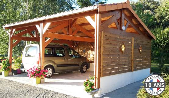 Cpbf Charpentes - Carport deux pentes faitage décalé, 600cm x 500cm, bois DOUGLAS Français (Charpente en bois-auvent-abri voiture), 30 m². Garantie 10 ans - Image 1