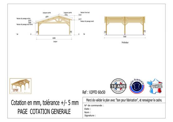 Cpbf Charpentes - Carport deux pentes faitage décalé, 600cm x 500cm, bois DOUGLAS Français (Charpente en bois-auvent-abri voiture), 30 m². Garantie 10 ans - Image 2